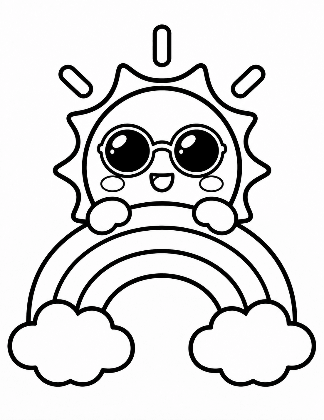 Easy kawaii smiling sun and rainbow coloring page for young kids