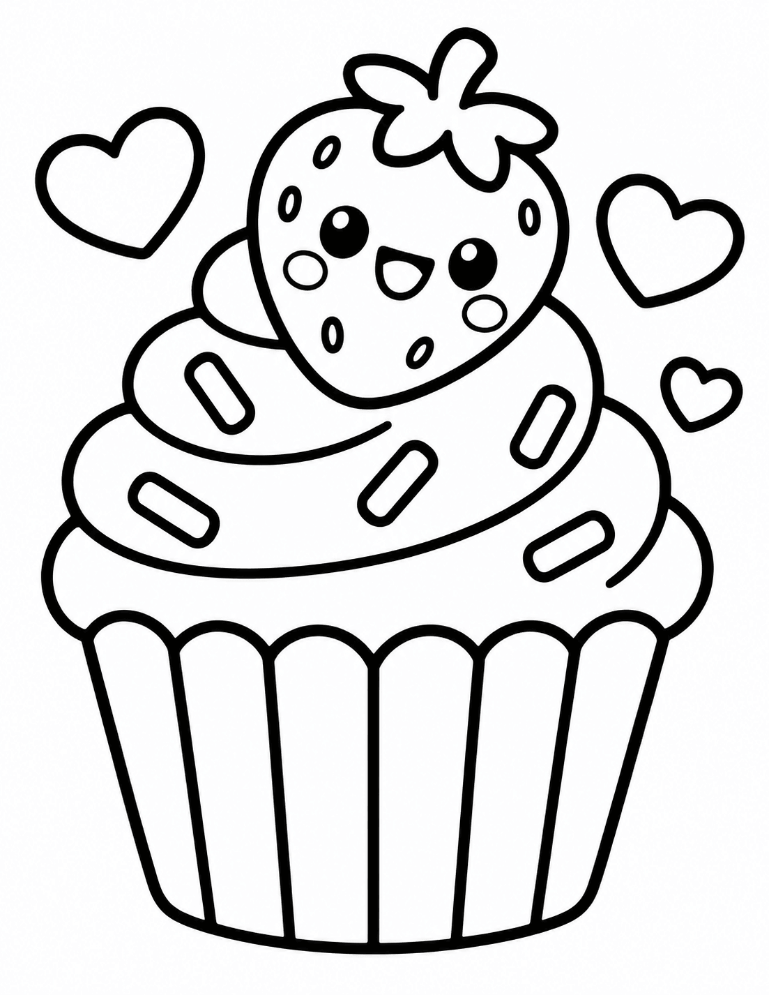 Easy kawaii strawberry cupcake coloring page with hearts