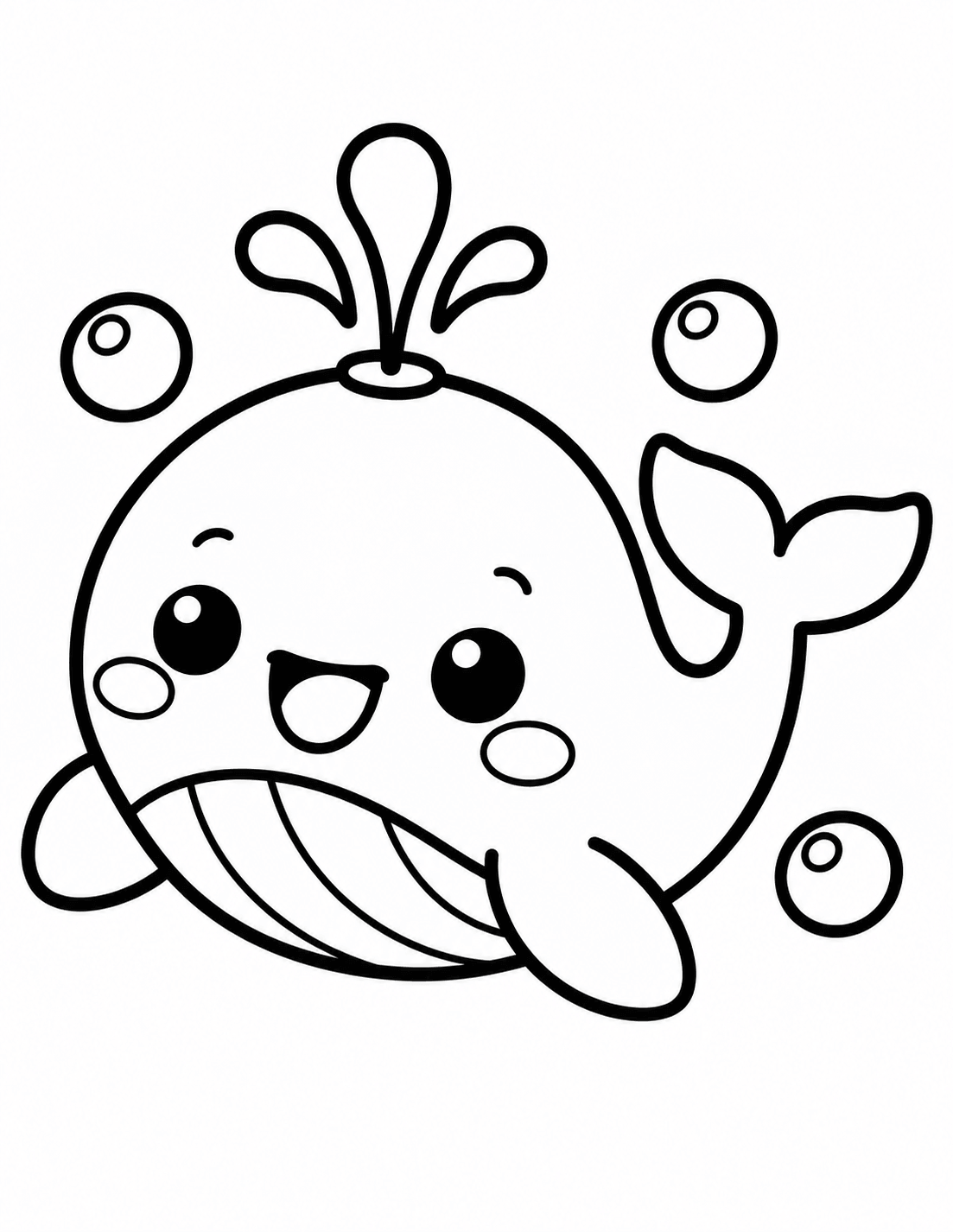 Easy kawaii smiling whale coloring page with bubbles for young kids