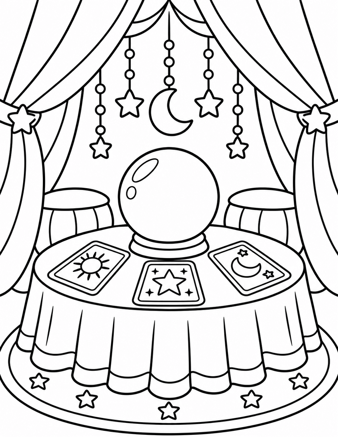 Spooky carnival fortune teller coloring page featuring a magical crystal ball, tarot cards, hanging stars, crescent moons, and a mysterious tent.