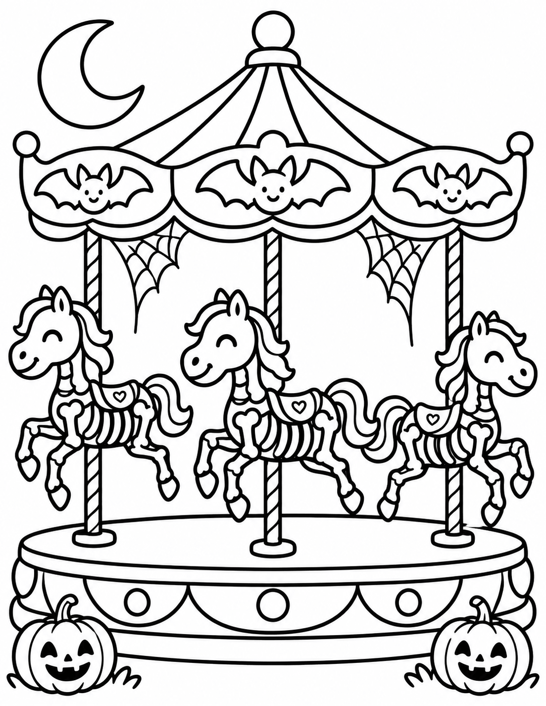 Cute Halloween carousel coloring page featuring three smiling skeleton horses, friendly bats, spiderwebs, pumpkins, and a crescent moon.