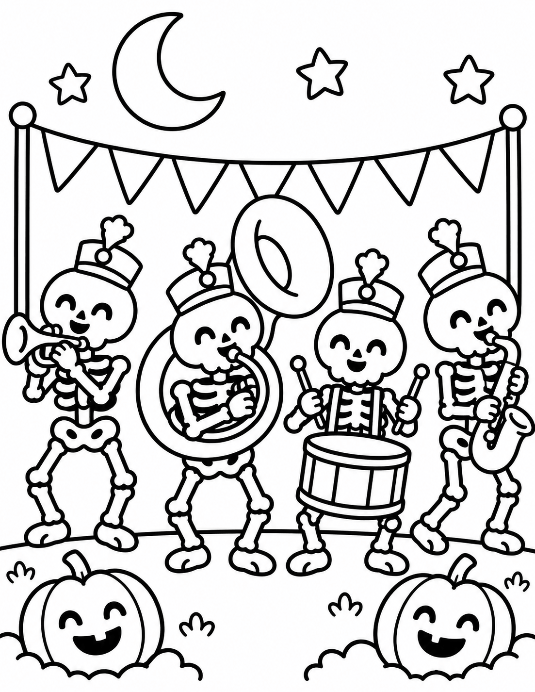 Funny Halloween skeleton band coloring page featuring four cheerful skeleton musicians playing instruments at a spooky carnival under the moon.