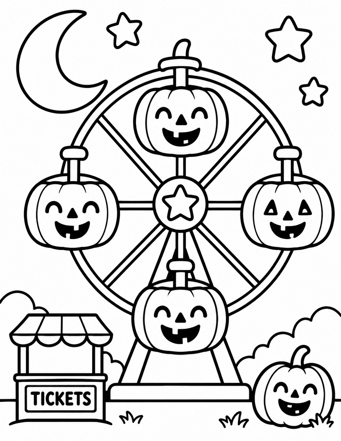 Halloween Ferris wheel coloring page with smiling jack-o'-lantern gondolas, a carnival ticket booth, stars, and a crescent moon.