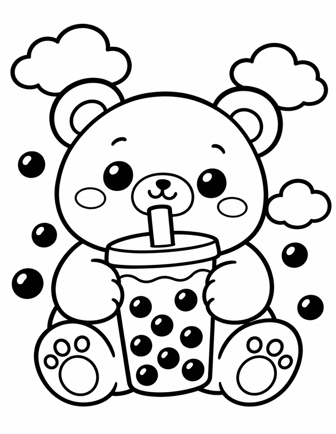Simple kawaii bear drinking boba tea coloring page for kids