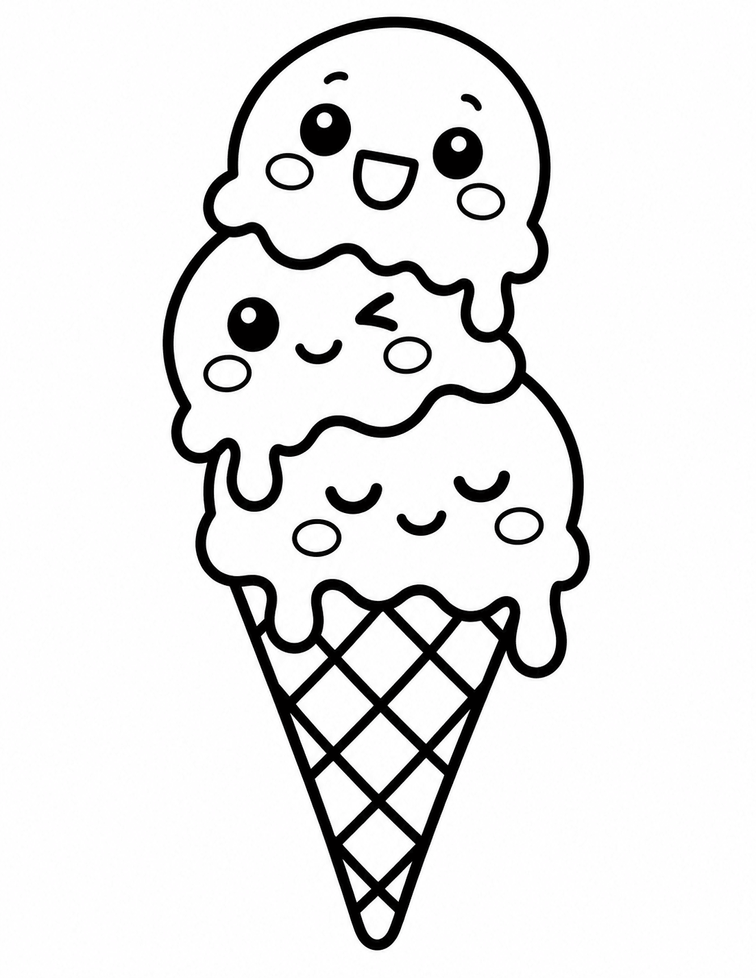 Simple kawaii three scoop ice cream cone coloring page for kids