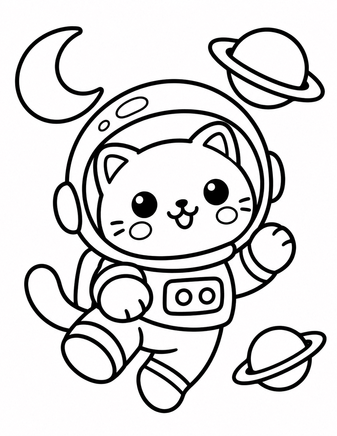 Simple kawaii astronaut cat in space coloring page for kids
