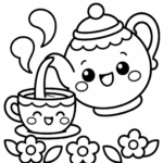 Simple kawaii teapot pouring tea into a cute teacup coloring page