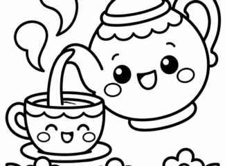 Simple kawaii teapot pouring tea into a cute teacup coloring page