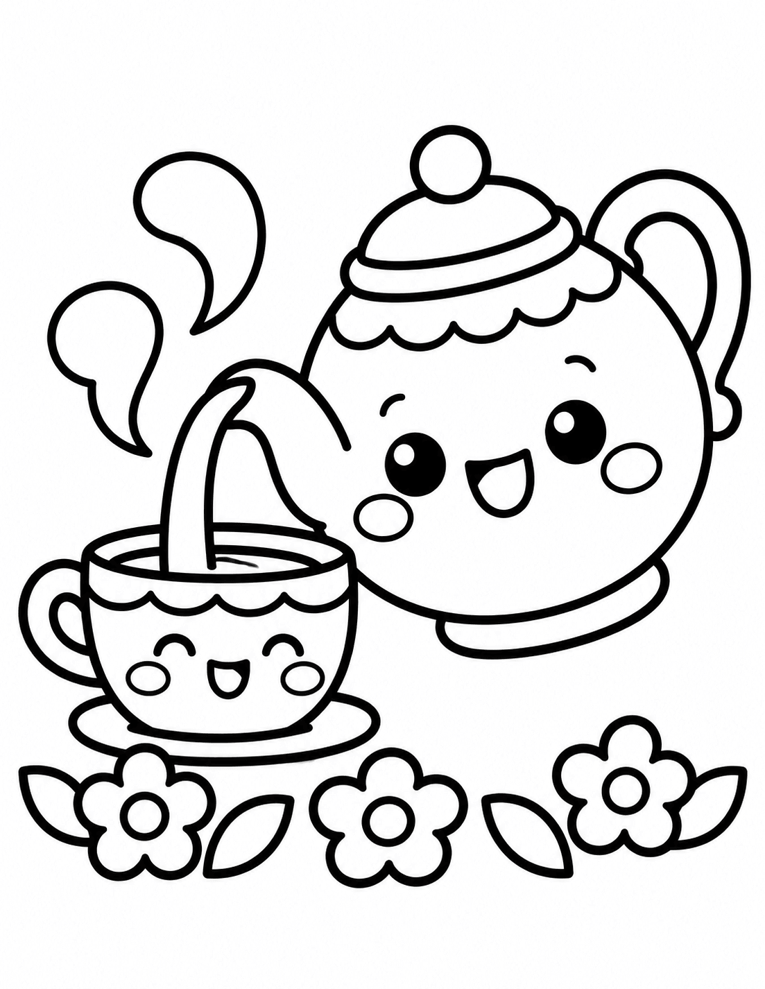 Simple kawaii teapot pouring tea into a cute teacup coloring page