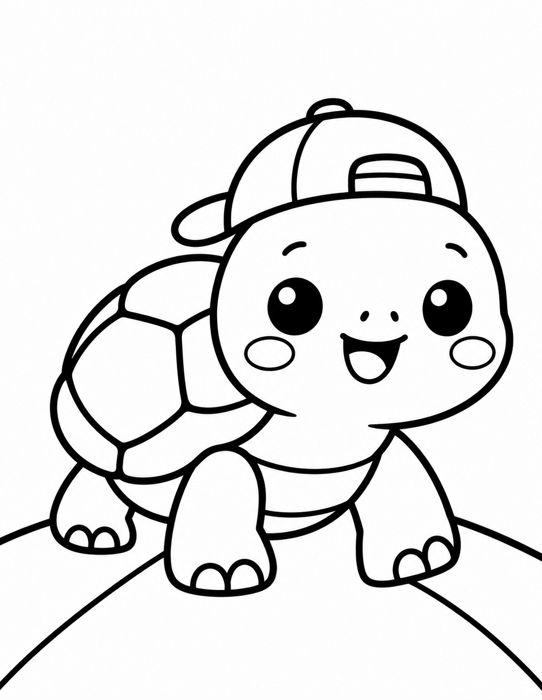 Simple kawaii turtle wearing a baseball cap coloring page for kids
