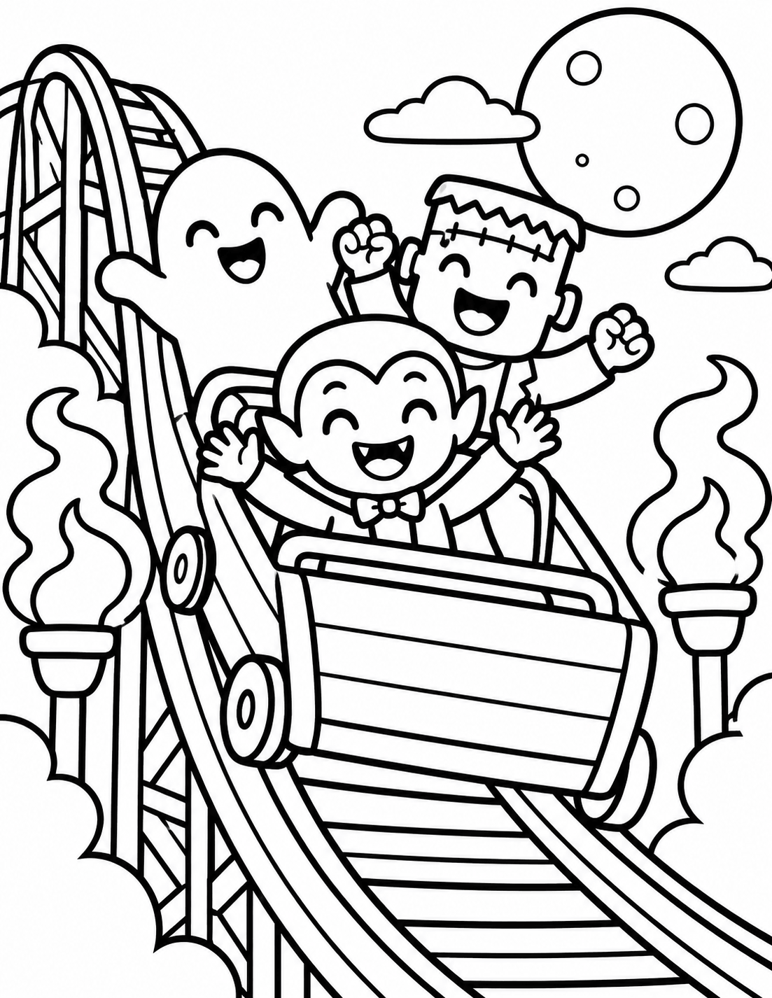 Haunted roller coaster coloring page featuring a happy ghost, friendly Frankenstein monster, and cute vampire riding together beneath a full moon.