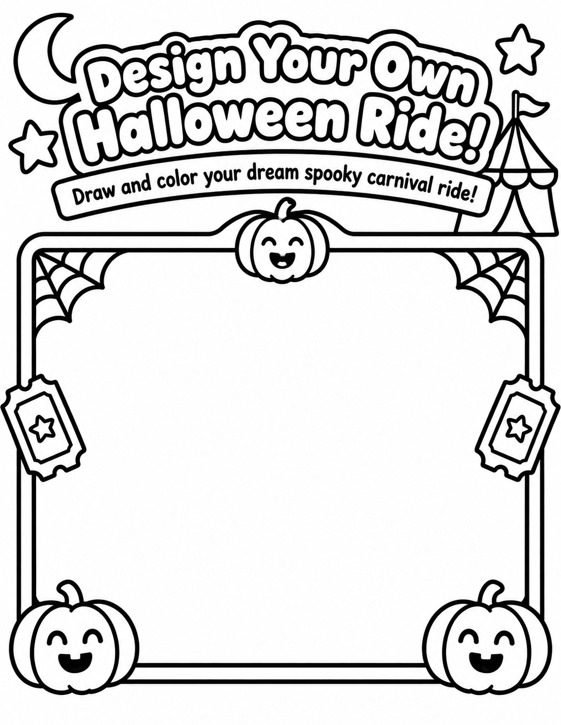 Design your own Halloween carnival ride printable activity worksheet with a large blank drawing space, smiling pumpkins, spiderwebs, and spooky decorations.